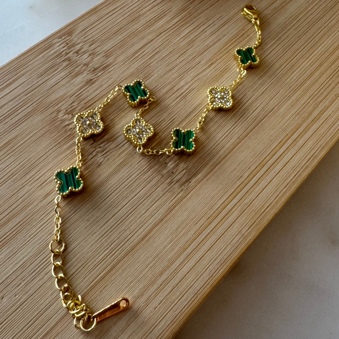 Van Cleef Style Bracelet with 18K Gold Plating, Malachite, and Crystals