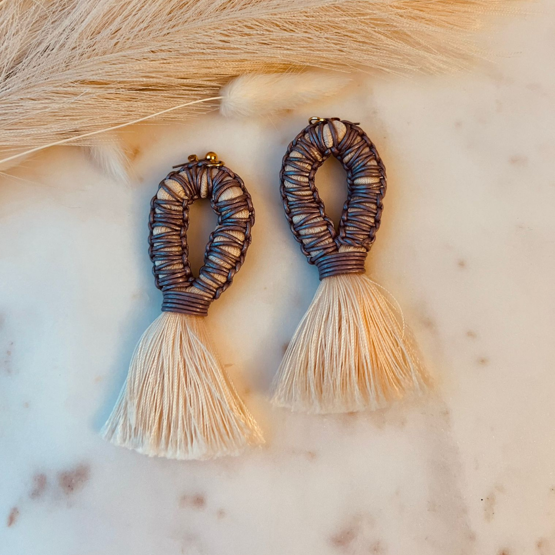 Gray Leather Earrings with Silk Thread