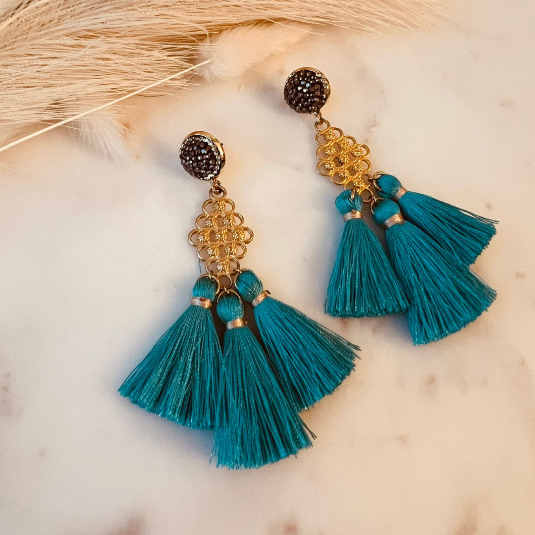 Earrings with Silk Thread Tassels and Crystal