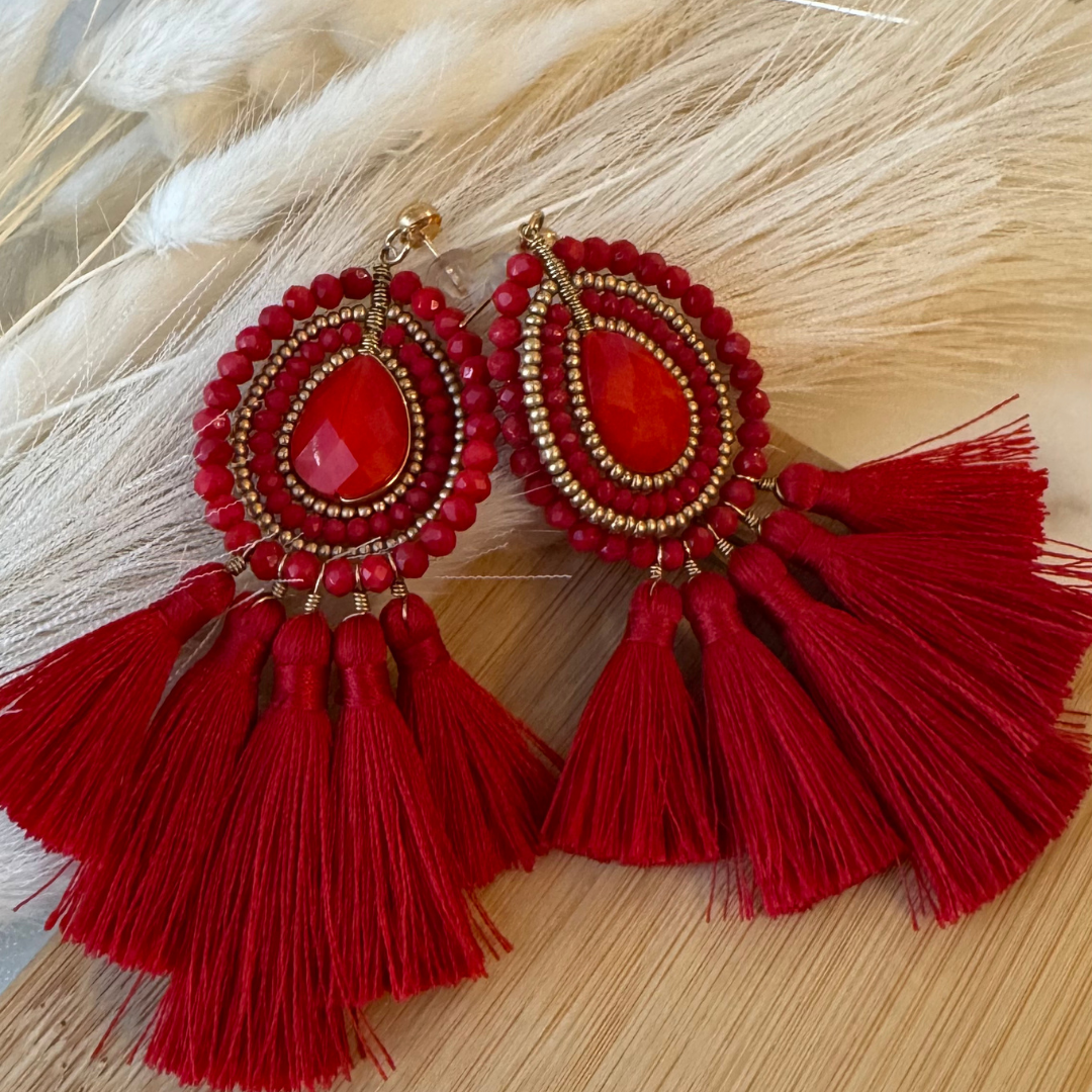 Long Red Silk Thread Earrings with Stones