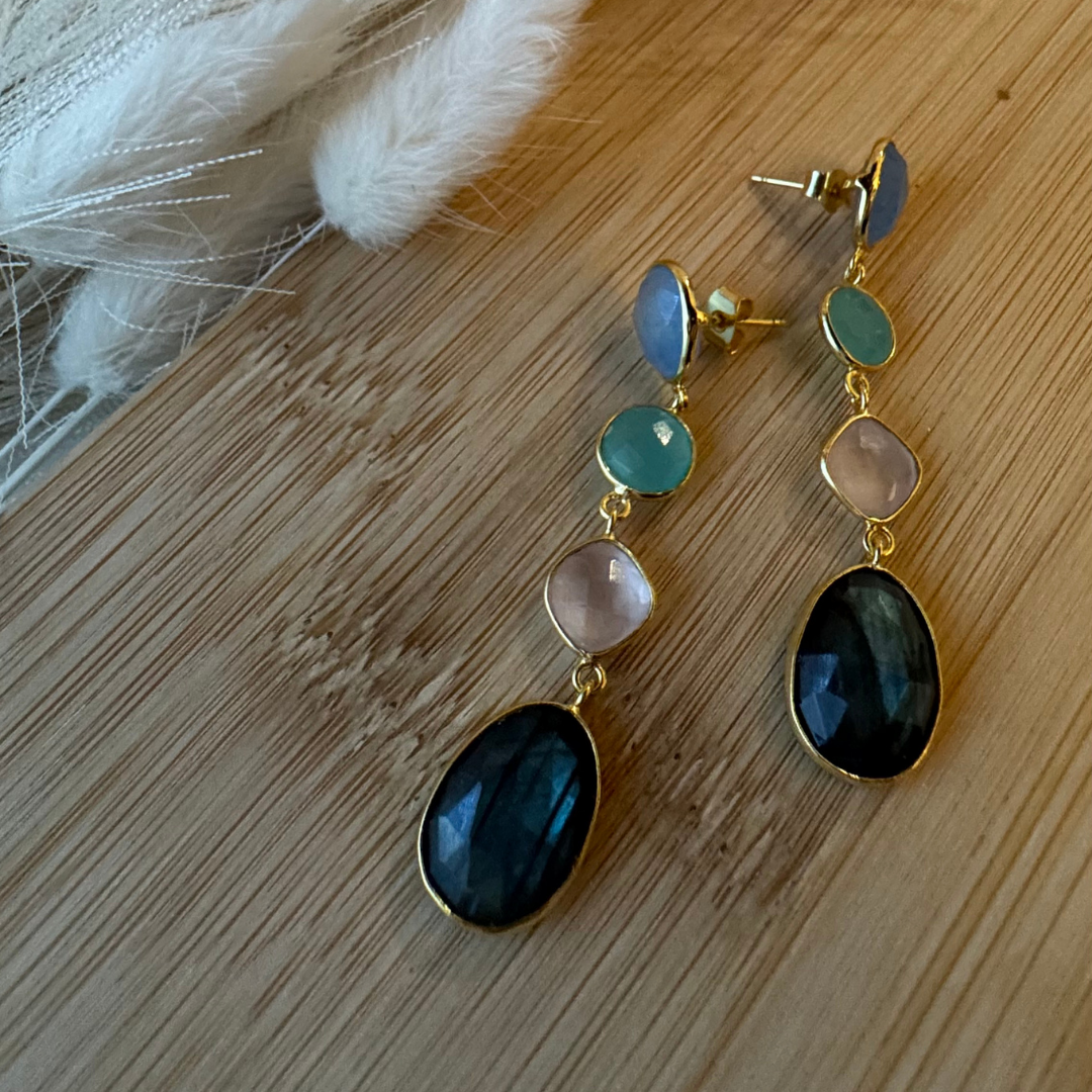 18K Goldfield Earrings with Natural Aquamarine, Jade, and White Quartz