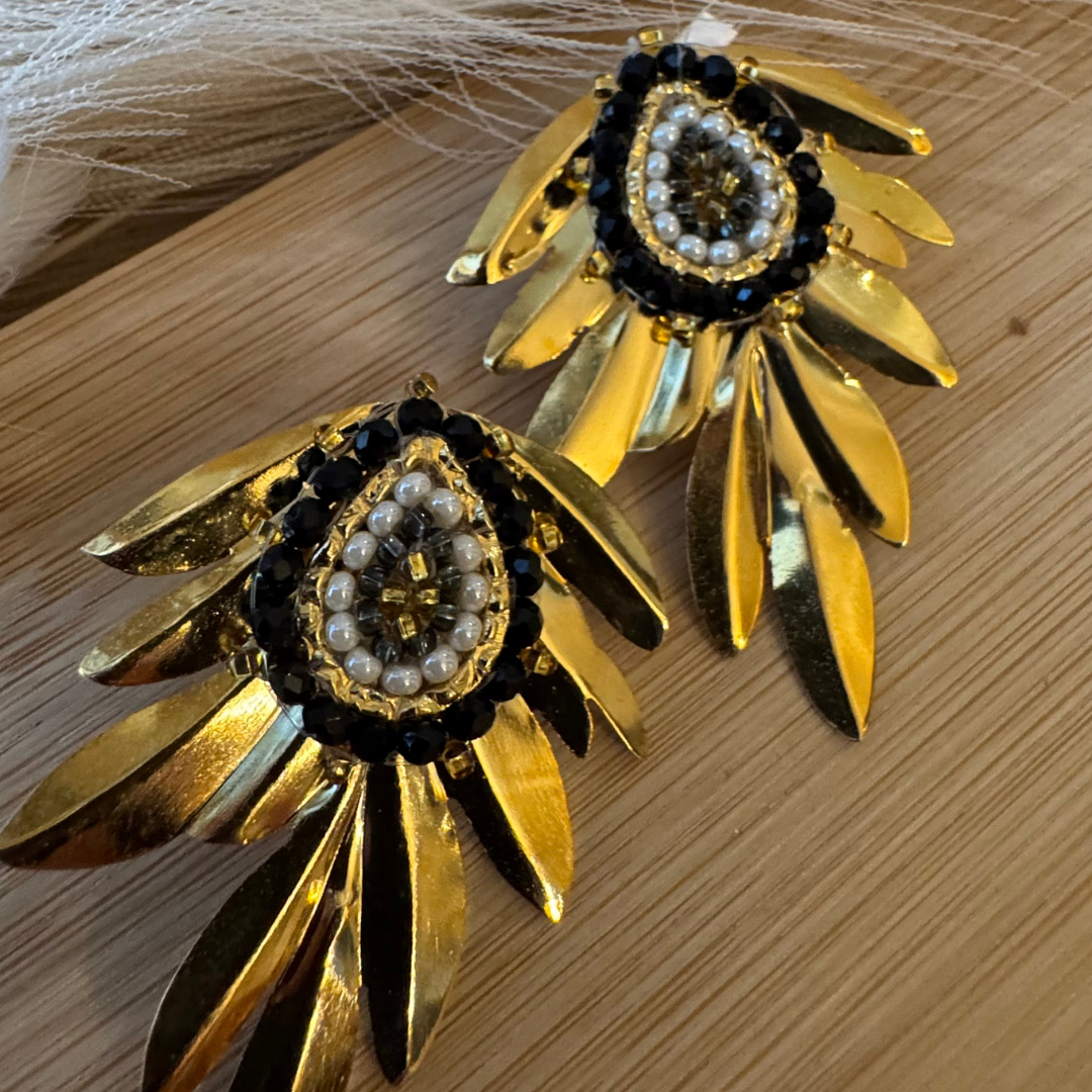 18K Gold Long Leaf Goldfield Earrings with Crystals and Pearls