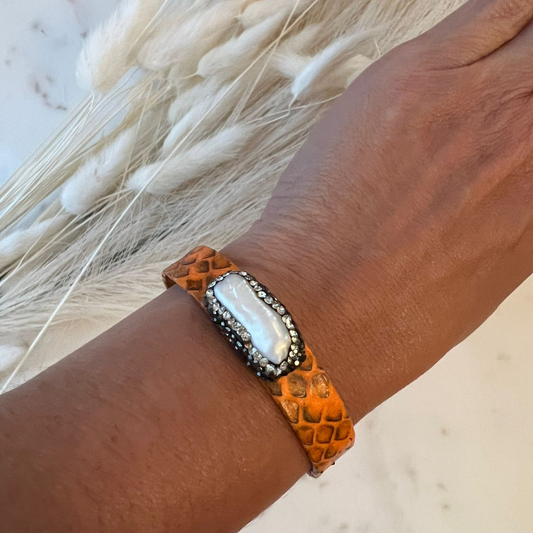 Orange Leather Bracelet with Baroque Pearl and Crystals